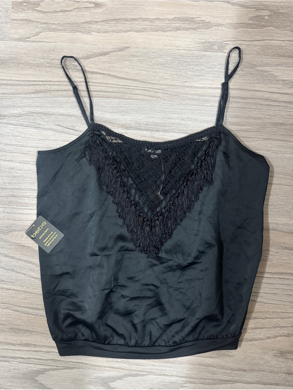 Bebe Tassle Black Fringe Crochet V-Neck Spaghetti Strap Cami Y2K Festive